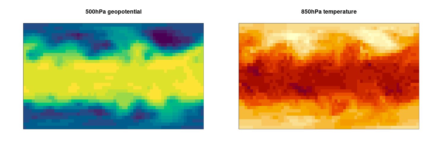 Spatial distribution of 500hPa geopotential and 850 hPa temperature for 2015/01/01 0:00h.